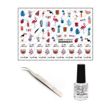 愛指甲享受水貼花套組, 水貼 + 鑷子 + 面漆 15ml, 1套