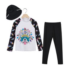 SPORDINO 女童款衝浪防曬小狗印花長袖上衣+泳褲+遮陽帽3件組