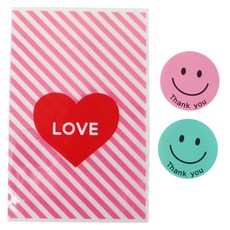愛心條紋包裝袋 粉色 50入+微笑圖案圓形貼紙 粉色 25入+綠色 25入, 1套