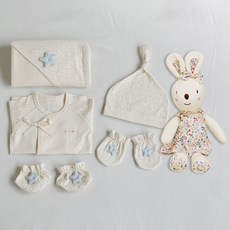 코니베이비 신생아용 반짝반짝 탄생 블루별패턴 출산 선물 5종 세트 + 애착인형 공주코니30
