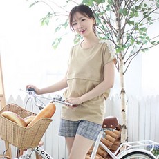 PANG PANG SHOP 孕婦肩部蕾絲短袖T恤