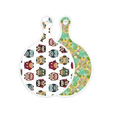 Roem Design 雙面圓形上菜砧板 可愛貓頭鷹, 藍綠色玫瑰藤蔓, 1個