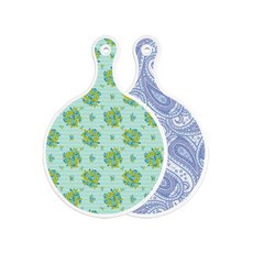 Roem Design 雙面設計圓形上菜砧板 玉色藤蔓玫瑰, 青白色線條藝術, 1個