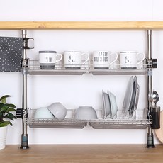 LIVING HAPPY 頂天立地雙層餐具瀝水架+盤子瀝水架 10格, 水槽擱板（混色），水槽卷擱板（灰色）