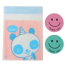 熊貓圖案自黏袋 100入+微笑圓形貼紙 粉色 50入+薄荷色 50入, 1套