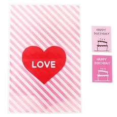 愛心條紋包裝袋 粉色 30入+生日蛋糕貼紙 粉色 30入, 1套