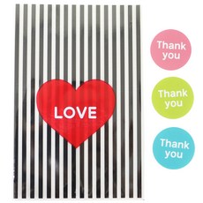 愛心條紋包裝袋 黑色 30入+圓形感謝貼紙 30入, 1套