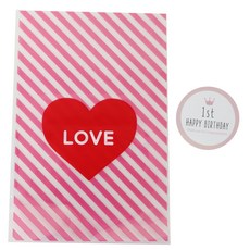 愛心圖案粉紅斜紋餅乾包裝袋 50入+生日文字印花圓形貼紙 30入, 1套