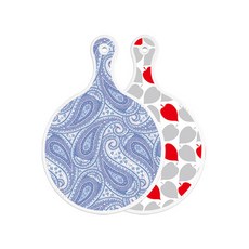 로엠디자인 양면 원형 서빙 도마 청백색라인아트, 레드그린낙옆, 1개