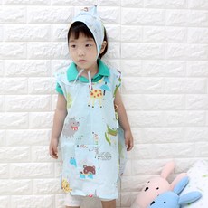 design&Story 孩童棉質連體圍裙 + 頭巾套組, 動物 藍色