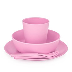 bobo&boo 嬰兒竹製餐具4件組, 粉色, 杯子+碗+盤子+湯匙+叉子