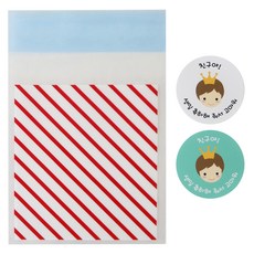 紅色條紋包裝袋 100入+皇冠男孩圖案印花貼紙 100入, 1套