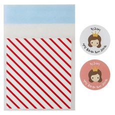 OPP條紋自黏袋 紅色 100入+戴皇冠圖案貼紙 100入, 1套