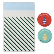 自黏條紋餅乾包裝袋 綠色 50入+生日圓形貼紙 50入, 1套
