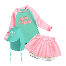 GOING KIDS 女童款雙色長袖泳衣+短泳褲裙+遮陽帽