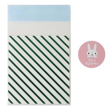 綠色斜紋餅乾包裝袋 100入+兔子印花圓形貼紙 100入, 1套