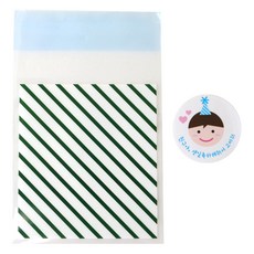 斜條紋自黏袋 綠色 100入+男孩貼紙 100入, 1套