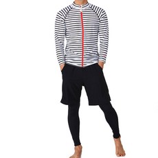 THE SIRUP 男款條紋拉鍊長袖防曬泳衣+素色假兩件式短褲內搭褲套裝