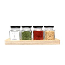 핸드팩토리 사각 스몰 블랙캡 양념통 세트, 1세트, 양념통 4p + 자작 우드선반 + 해피키친 라벨 스티커