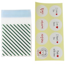 條紋圖案包裝袋 綠色 100入+留言文字貼紙 白色 100入, 1套