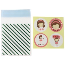 黏貼式條紋包裝袋 綠色 100入+韓文貼紙 100入, 1套