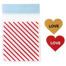 斜條紋自黏袋 紅色 100入+愛心貼紙 100入, 1套