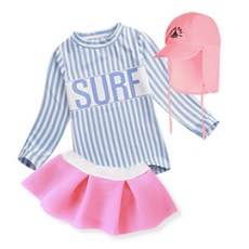 GOING KIDS 女童款SURF印花條紋長袖泳衣+短泳裙+遮陽帽