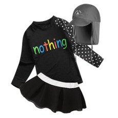 GOING KIDS 女童款英文印花長袖泳衣+短泳裙+遮陽帽