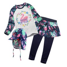 GOING KIDS 女童款花卉拼接長袖泳衣+長泳褲裙+遮陽帽