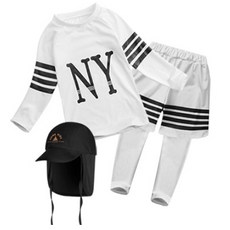 GOING KIDS 童款NY條紋防曬泳衣+長泳褲+遮陽帽組