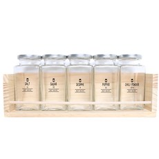 핸드팩토리 양념통 사각 라지 실버캡 5p + 1단 양념통 우드선반 대 + 베스트레시피 라벨, 1세트, 3종