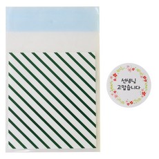 自黏式條紋包裝袋 綠色100入+花朵圓形貼紙 謝謝老師 100入, 1套