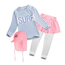 GOING KIDS 女童款SURF印花條紋長袖泳衣+長泳褲裙+遮陽帽