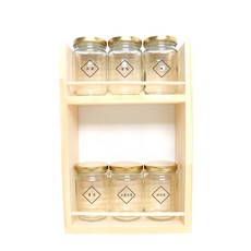 HAND-FACTORY 圓形小號金色蓋調味罐 6入 + 雙層調味罐木架 中 + 簡約鑽石標籤, 1套, 3種