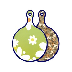 Roem Design 藍色版雙面圓形托盤砧板 floral design 白色連翹花, 土色花朵, 1個