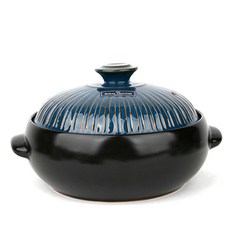 ROYAL VENTON 雙耳陶瓷砂鍋+線條印花鍋蓋組 復古藍, 20.5cm, 1個