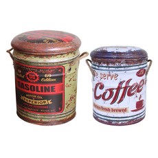 퍼닉 빈티지드럽통 수납스툴2 p세트 가솔린 M + 화이트커피 S, 혼합 색상, 1개