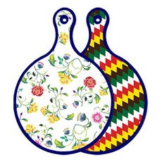 Roem Design 藍色版雙面圓形上菜砧板 浪漫纖細玫瑰, 5色菱形圖案, 1個