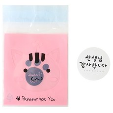 Hwangssinaedosirak 自黏動物包裝袋 貓咪 100入 + 老師謝謝您 手寫字體圓形貼紙 白色 100入, 1套