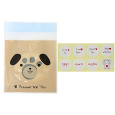 小狗圖案餅乾包裝袋 100入+戀人文字印花圓形貼紙 白色 100入, 1套