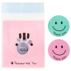 貓咪圖案餅乾包裝袋 50入+微笑印花圓形貼紙 粉紅色 25入+薄荷綠 25入, 1套