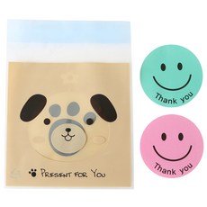 Hwangssinaedosirak 自黏動物袋 狗狗 50入 + 微笑圓形貼紙 粉紅色25入 + 薄荷綠25入, 1套