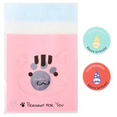 Hwangssinaedosirak 自黏動物包裝袋 貓咪 100入 + 生日派對帽圓形貼紙 100入, 1套