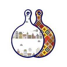 Roem Design藍色版雙面圓形上菜砧板 都市剪貼畫, 格紋線條鑽石, 1個