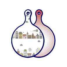 Roem Design藍色版雙面圓形上菜砧板 城市剪貼畫, 都市美工圖案&肉品線條紅, 1個