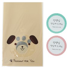 小狗圖案自黏包裝袋 50入+韓文字圓形包裝貼紙 50入, 1套