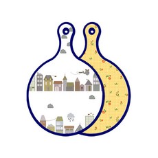 Roem Design藍色版雙面圓形上菜砧板 都市剪貼畫, 梔子色花朵格紋, 1個