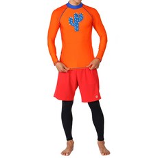 THE SIRUP 男款圖案印花長袖泳衣+假兩件式短褲內搭褲套裝