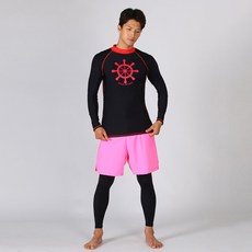 THE SIRUP 男款圖案印花長袖泳衣+假兩件式短褲內搭褲套裝