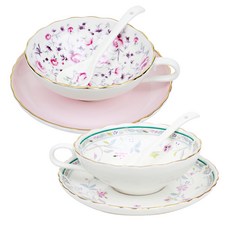 仿古金線茶杯綠花+粉花套組, 混色, 2套